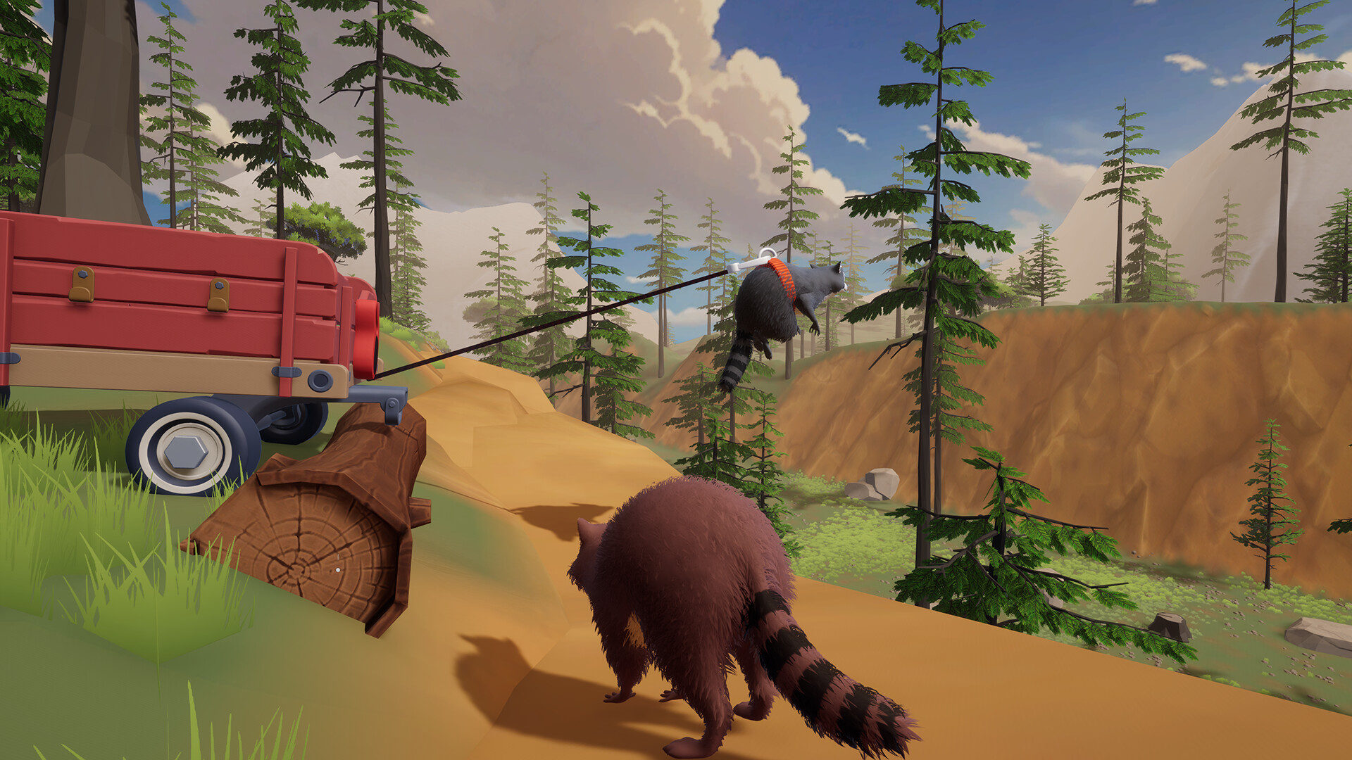 Red wagon tipped on its side in a forest; one raccoon hangs from a bungee cord while another steadies the cart below