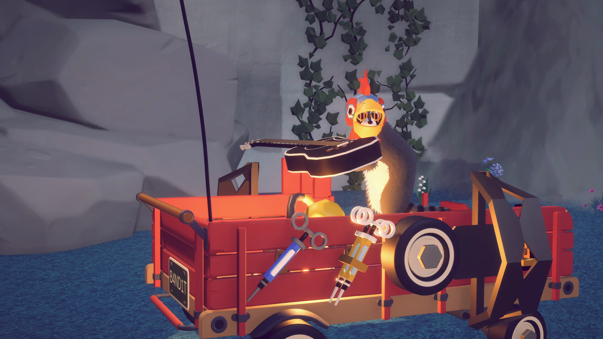 A raccoon sits in a red wagon playing a guitar, with repair tools and a license plate reading B4ND1T